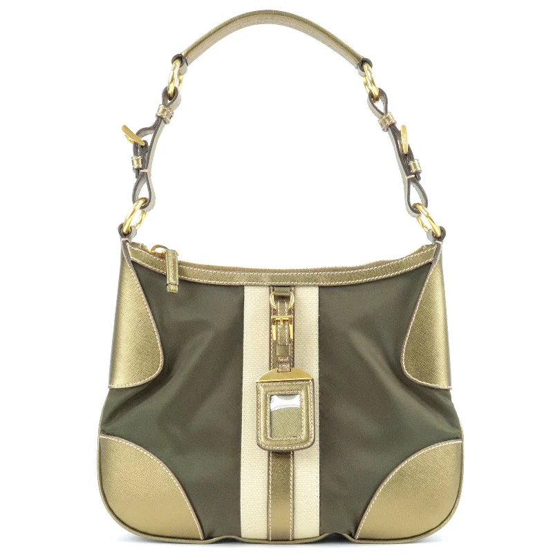 Prada Galleria bags with a structured silhouette for a professional lookPRADA Logo Nylon Leather Shoulder Bag Khaki Bronze BR4257