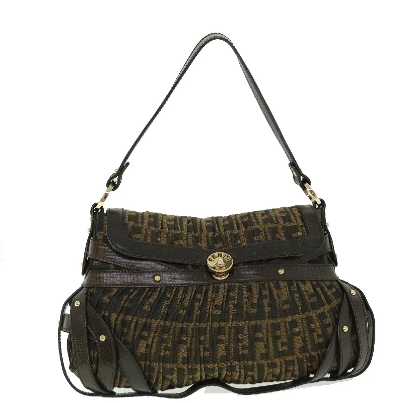 Ladies Fendi Baguette bags with a star - shaped charm for a playful and trendy touchFENDI Zucca Canvas Turn Lock Shoulder Bag Black Brown  yk8162