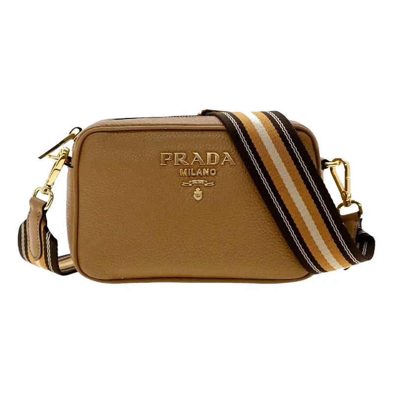 Prada handbags with a perforated leather detail for a unique and breathable designPrada Tan Caramel Leather Crossbody Bag Web Stripe Strap