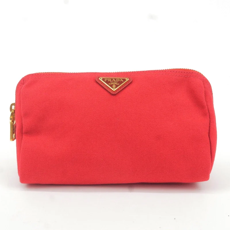 Prada Cahier bags with a monogram - embossed leather surfacePRADA Logo Canvas Pouch Clutch Bag Red Gold Hardware 1N0693