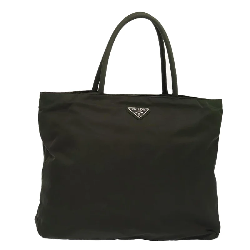 Prada tote bags with a printed Prada logo on the front for brand visibilityPRADA Hand Bag Nylon Green Silver Auth bs17514