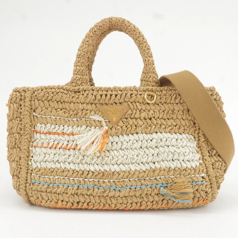 Ladies Prada shoulder bags with a tassel - adorned zipper for added charmPRADA Raffia Tricot Canapa 2WAY Basket Bag Hand Bag Caramel Orange