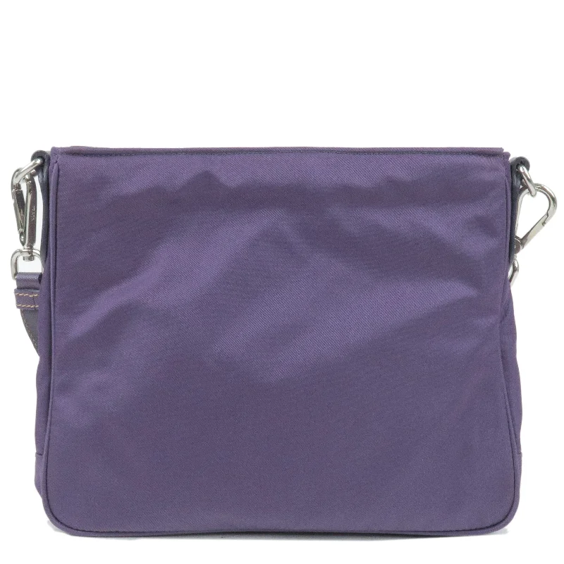 Prada Cleo bags with a curved shape and a chain - link shoulder strapPRADA Logo Nylon Leather Shoulder Bag VIOLA Purple BT0693