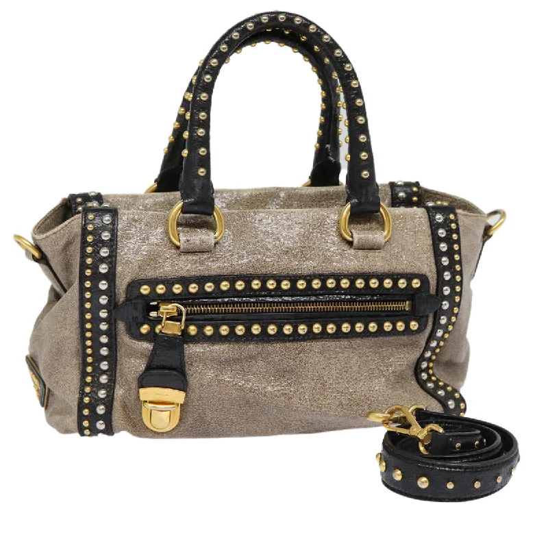 Prada Cahier bags with a monogram - embossed leather surfacePRADA Studs Hand Bag Leather 2way Gray Gold Auth ki4827