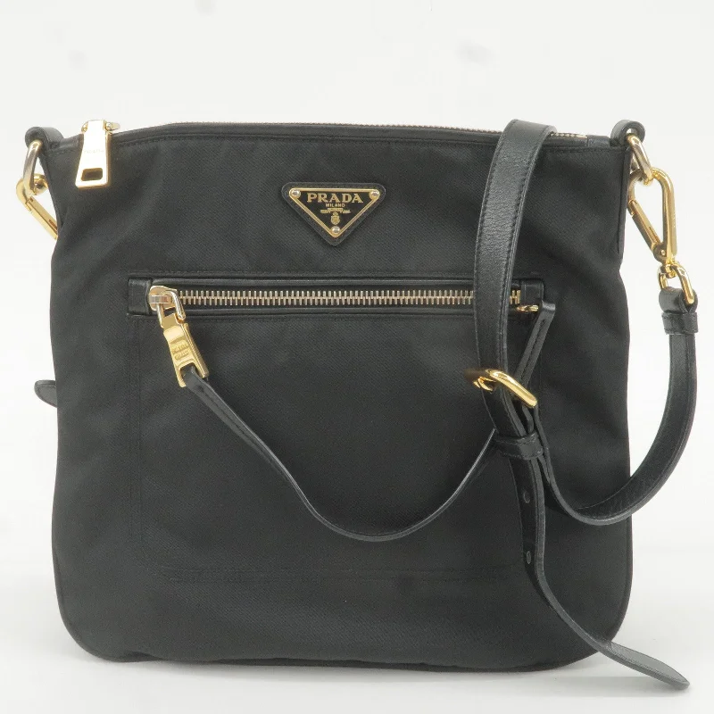 Prada Galleria bags with a structured silhouette for a professional lookPRADA Logo Nylon Leather Shoulder Bag Crossbody Bag Black BT0711