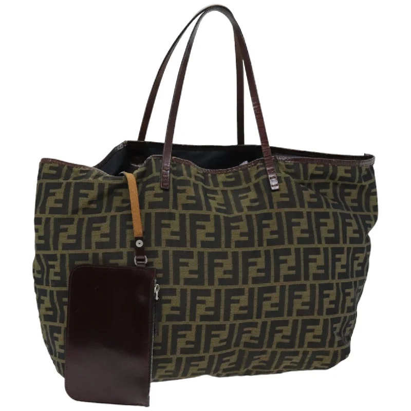 Fendi bags with a zip - top closure and a front - pocket for quick access to keys and cardsFENDI Zucca Canvas Tote Bag Black Brown  76181