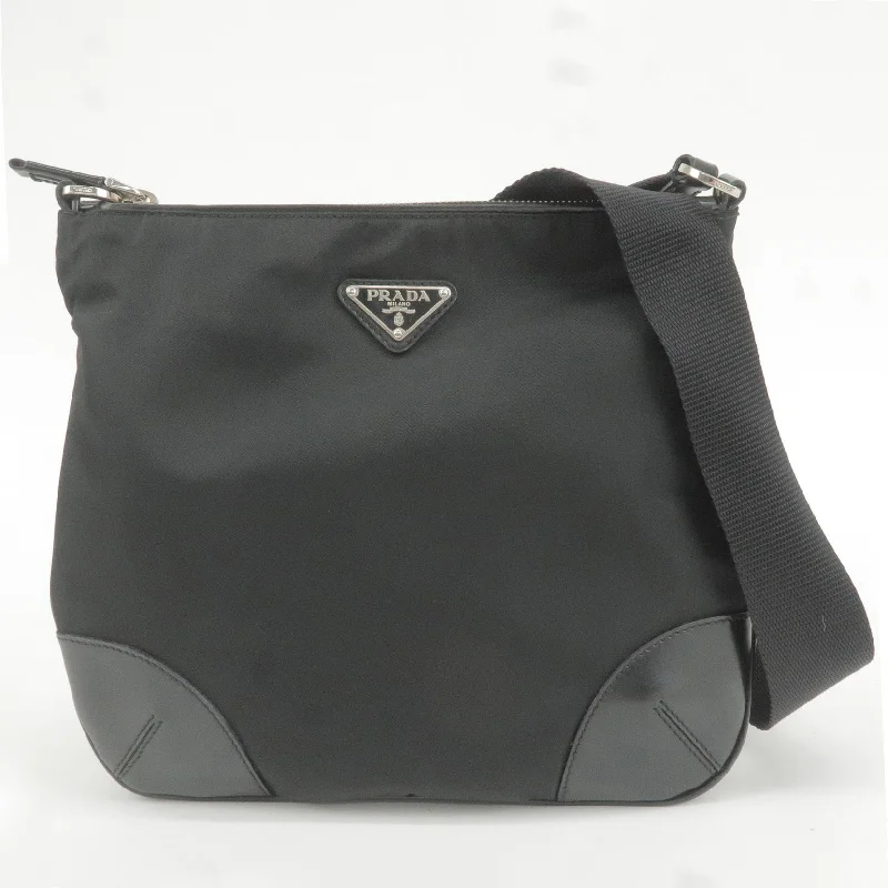 Prada Cahier bags with a leather - wrapped handle for a luxurious feelPRADA Logo Nylon Leather Shoulder Bag NERO Black