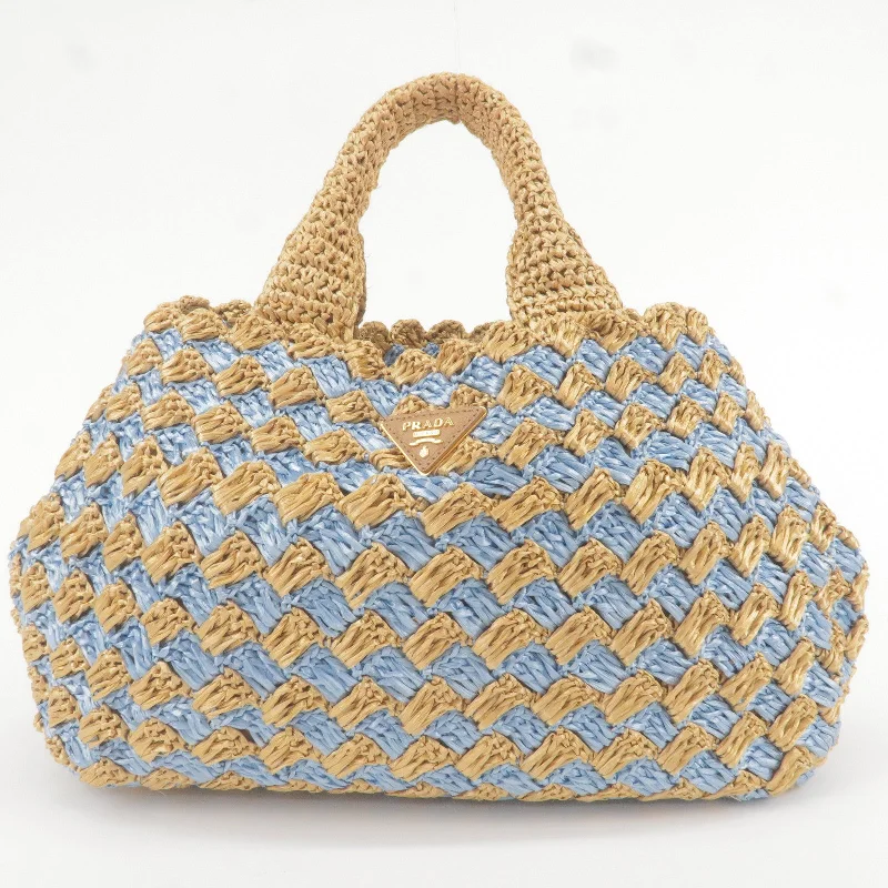 Ladies Prada Galleria bags with a textured leather surface for a more tactile lookPRADA Raffia Crochet Canapa Tote Bag Blue Beige BN2303