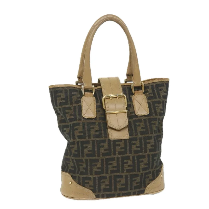 Fendi tote bags with a snap - button closure and a decorative charm for a fashionable and personalized lookFENDI Zucca Canvas Tote Bag Black Brown  yk9074