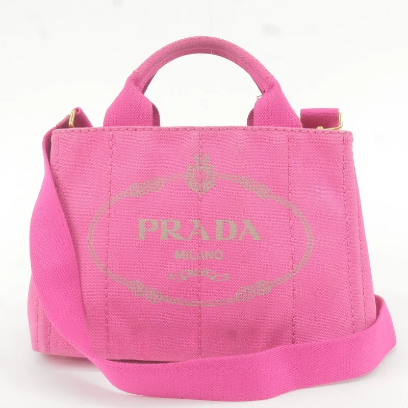 Prada handbags with a patent - leather finish for a shiny and sophisticated appearancePRADA Canapa Mini Canvas 2Way Bag Shoulder Bag Hand Bag Pink