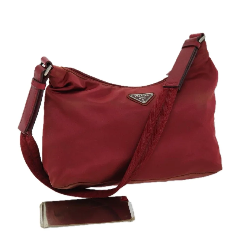 Ladies Prada shoulder bags with a wide - width strap for enhanced comfortPRADA Shoulder Bag Nylon Red Auth 73100