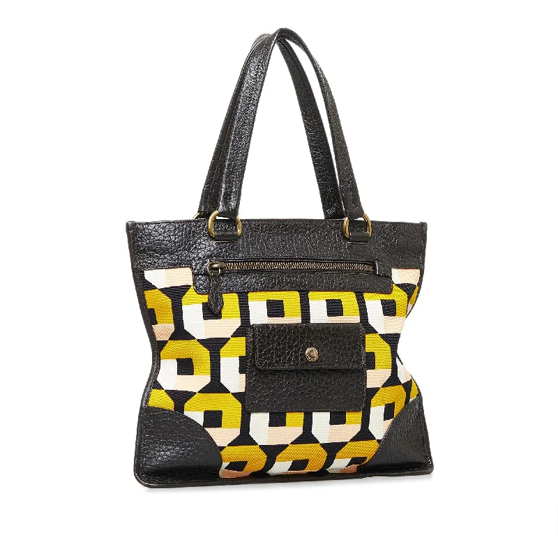 Prada bags with a front - flap pocket for quick access to essentialsPrada Printed Canvas and Leather Tote wQpxP9