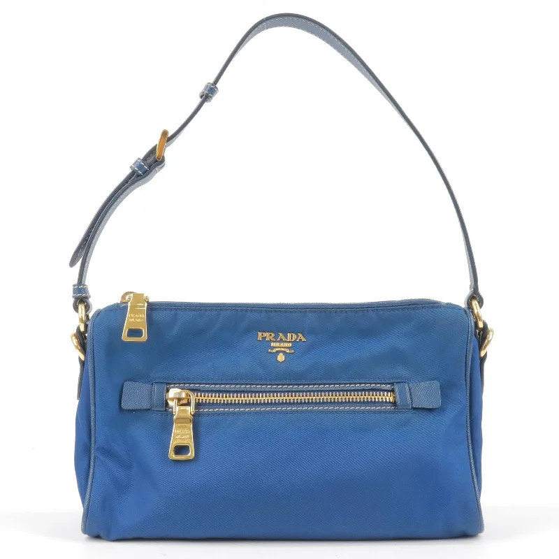 Ladies Prada Galleria bags with a detachable shoulder strapPRADA Logo Nylon Leather Hand Bag Pouch Purse Blue BN1834