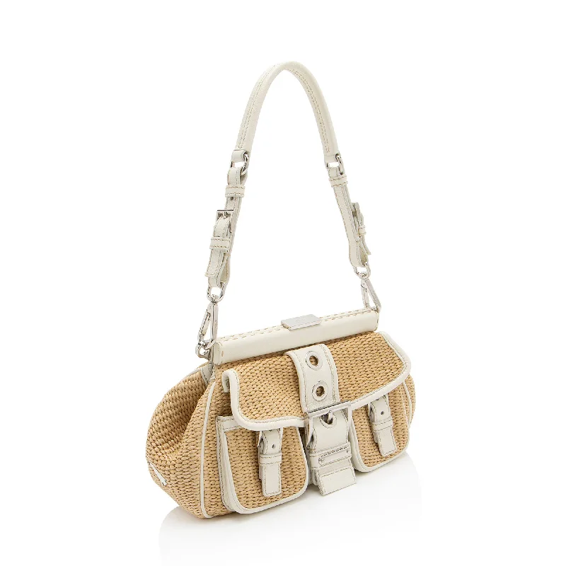 Prada handbags with a perforated leather detail for a unique and breathable designPrada Raffia Leather Framed Buckle Shoulder Bag 9p9gyx