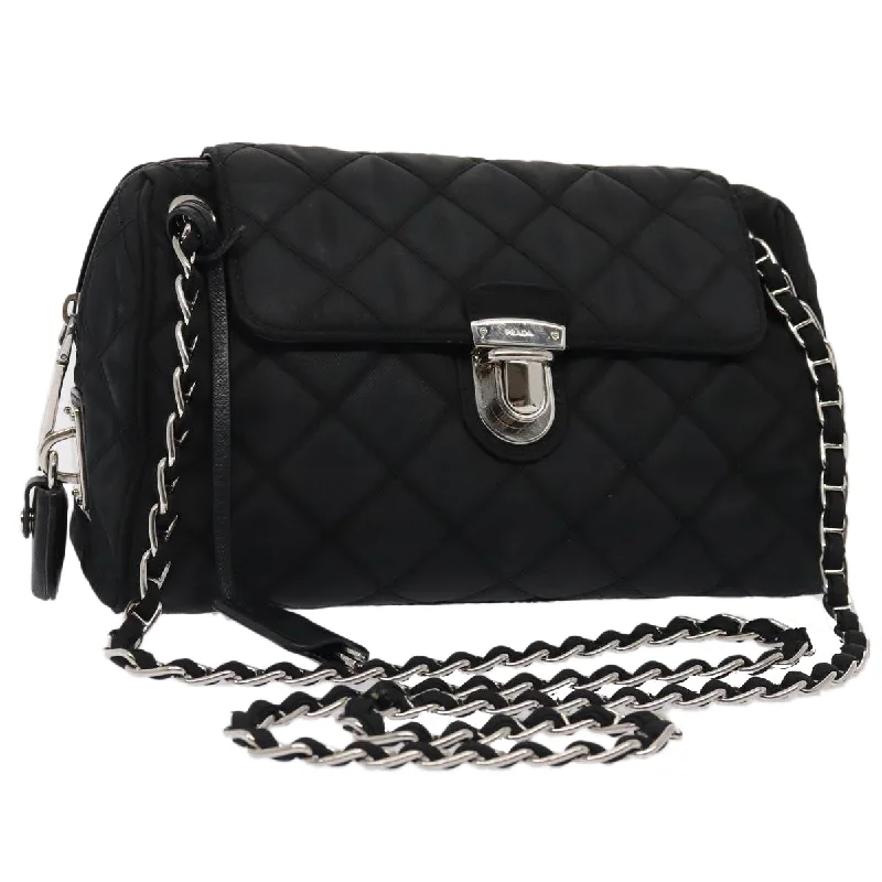 Ladies Prada Galleria bags with a detachable shoulder strapPRADA Quilted Chain Shoulder Bag Nylon Black Silver Auth 88100