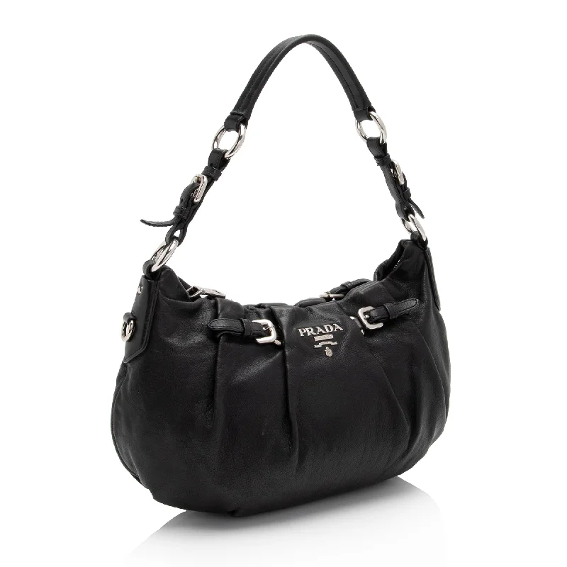 Ladies Prada shoulder bags with a wide - width strap for enhanced comfortPrada Nappa Leather Pleated Small Hobo rubBi4