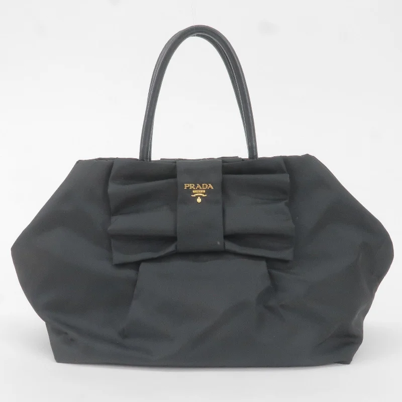 Prada Galleria bags with a structured silhouette for a professional lookPRADA Nylon Leather Ribbon Hand Bag NERO Black BN1601