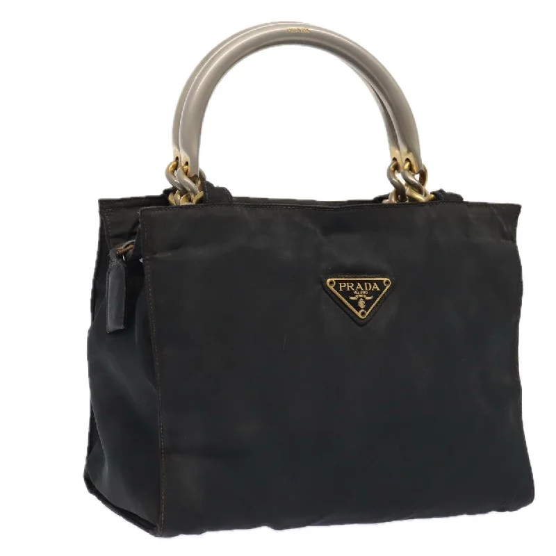 Prada Cahier bags with a leather - wrapped handle for a luxurious feelPRADA Hand Bag Nylon Black Gold Auth bs17641