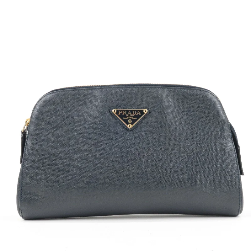 Prada Galleria bags with a structured silhouette for a professional lookPRADA Logo Leather Clutch Bag Pouch Purse Navy