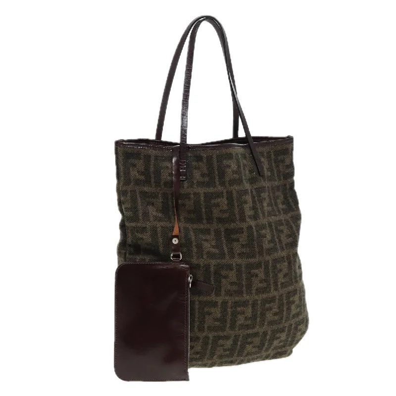 Ladies Fendi shoulder bags with a magnetic - closure flap for easy opening and closingFENDI Zucca Canvas Tote Bag Wool Brown Black Silver  yk14162