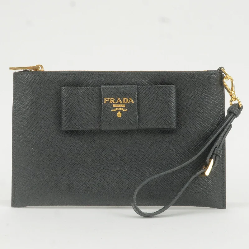 Prada bags with a back - zip pocket for storing valuables securelyPRADA Logo Leather Ribbon Pouch Cosmetics Bag NERO Black