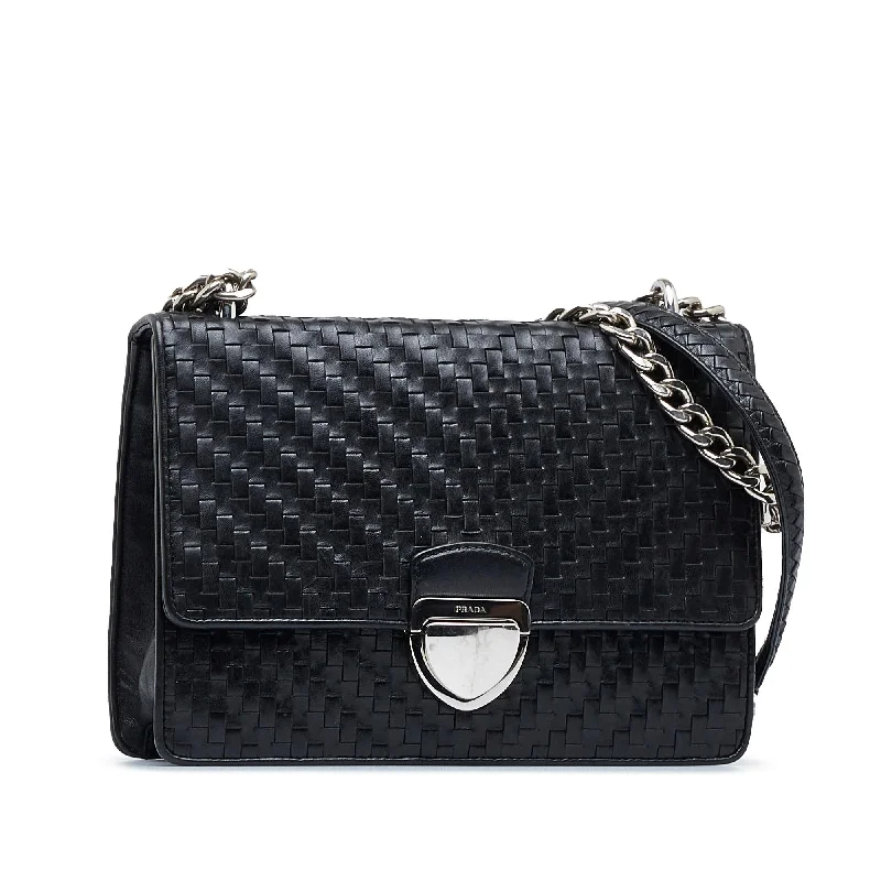 Prada handbags with a metal - framed clasp for durability and stylePrada Madras Chain Shoulder Bag SmrfbK