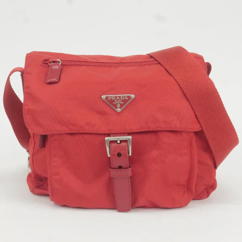 Prada nylon backpacks with a hidden back pocket for securityPRADA Logo Nylon Leather Shoulder Bag Rosso Red BT8994