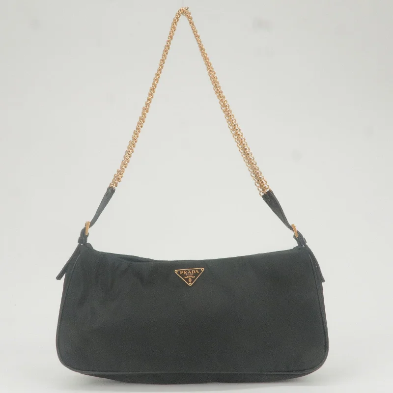 Prada bags with a front - flap pocket for quick access to essentialsPRADA Nylon Chain Shoulder Bag Rose Gold NERO Black 1BB903