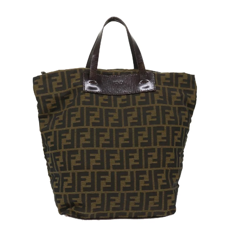 Fendi handbags with a beaded trim for a glamorous and eye - catching lookFENDI Zucca Canvas Tote Bag Nylon Brown Black  rd5453