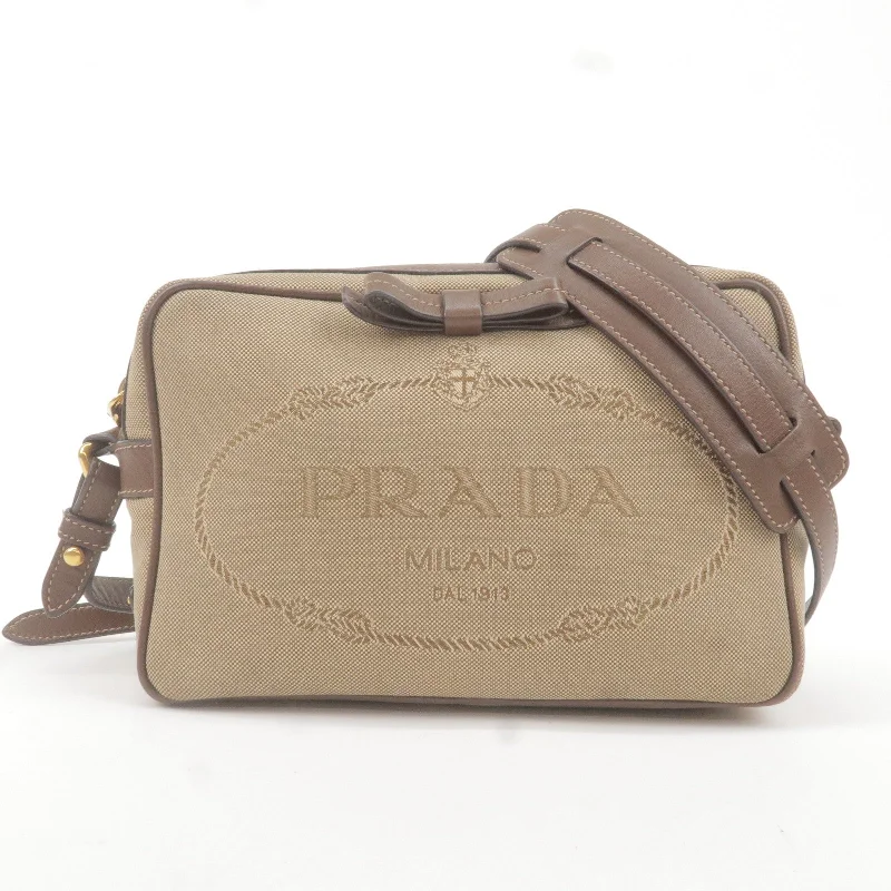 Ladies Prada Galleria bags with a detachable shoulder strapPRADA Logo Jacquard Leather Shoulder Bag Beige Brown 1BH089