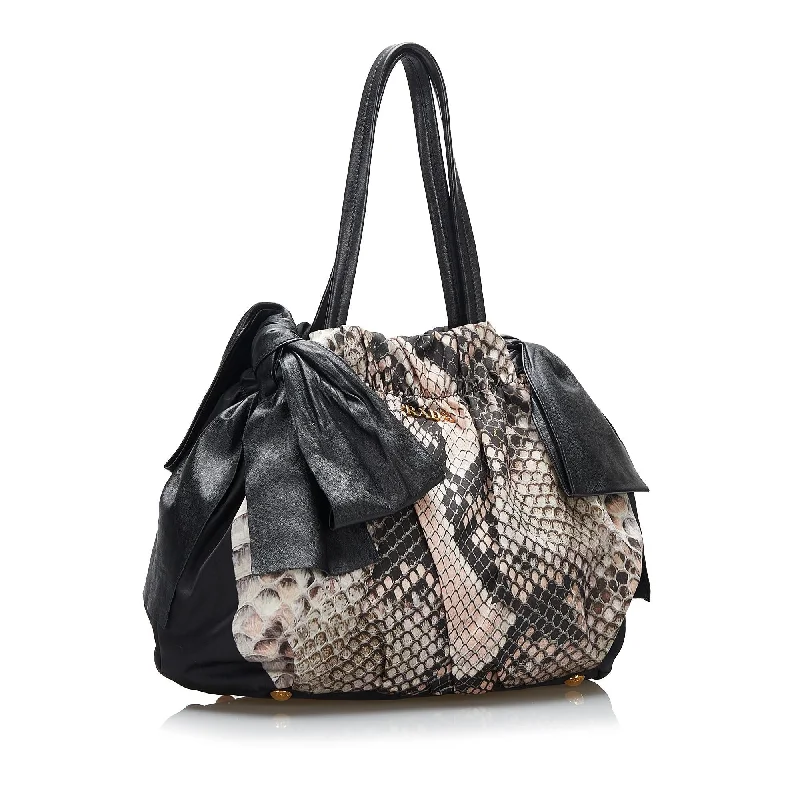 Prada handbags with a perforated leather detail for a unique and breathable designPrada Python Print Bow Tessuto Handbag HElyI4