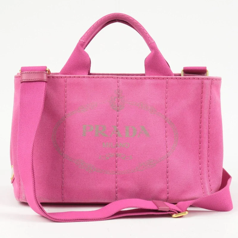 Prada tote bags with a printed Prada logo on the front for brand visibilityPRADA Canapa Mini Canvas 2Way Bag Shoulder Bag Hand Bag Pink