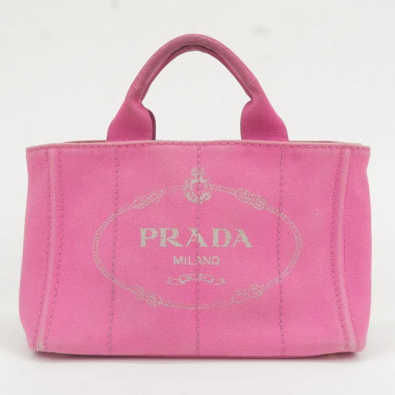 Prada bags with a zip - top closure and multiple interior pockets for organizationPRADA Logo Canapa Mini Canvas Hand Bag Tote Bag Pink