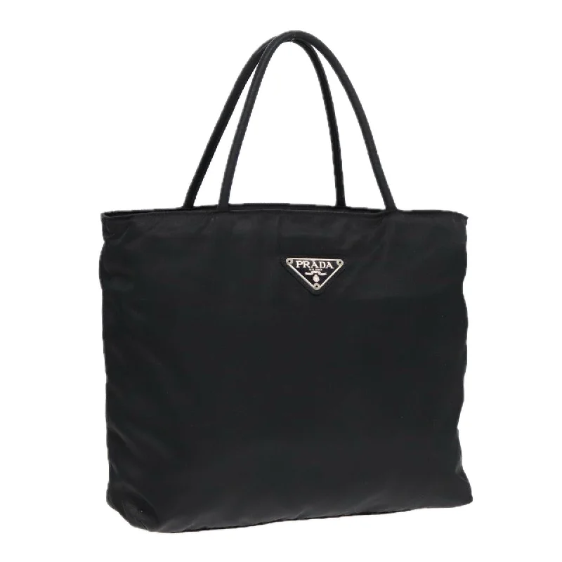 Prada tote bags with a printed Prada logo on the front for brand visibilityPRADA Hand Bag Nylon Black Silver Auth bs17647