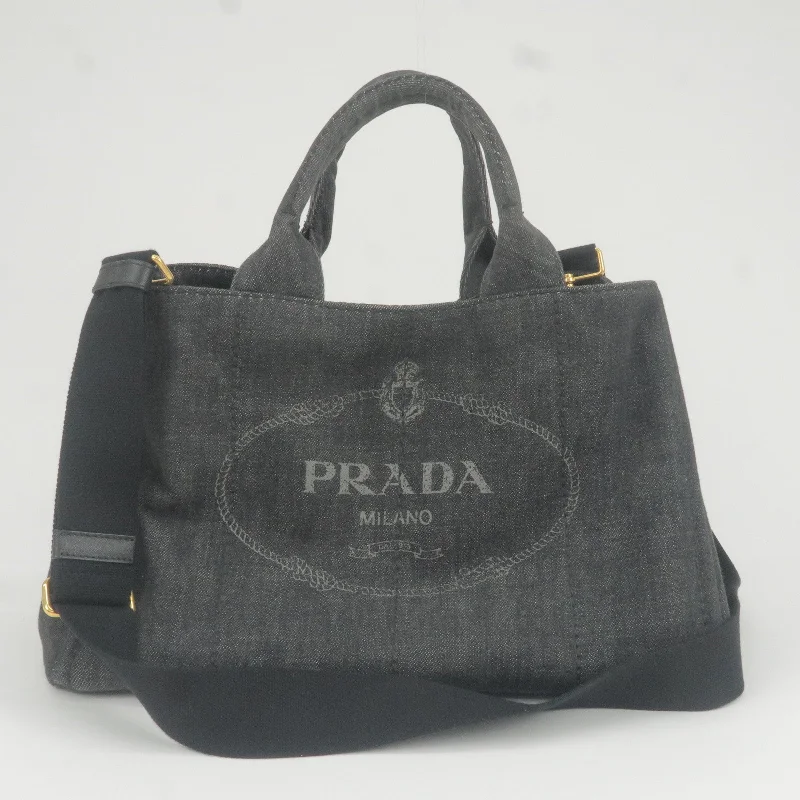 Prada Cleo bags with a curved shape and a chain - link shoulder strapPRADA Logo Canapa Denim Tote Bag Hand Bag NERO Black B2642B