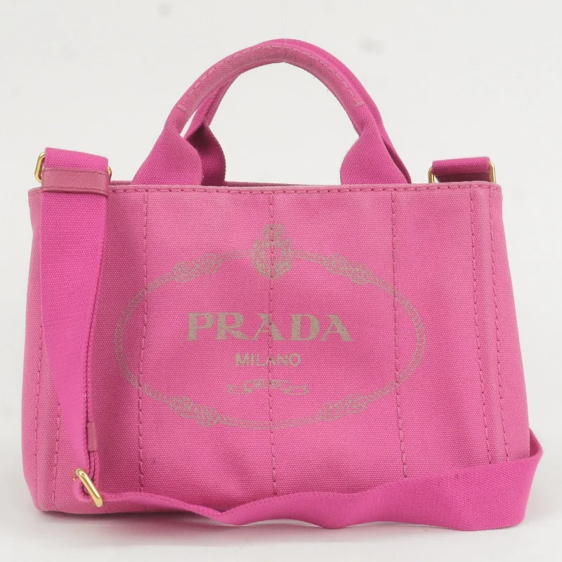 Prada bags with a front - zip pocket for small items like cards and keysPRADA Canapa Mini Canvas 2Way Bag Shoulder Bag Pink B2439G