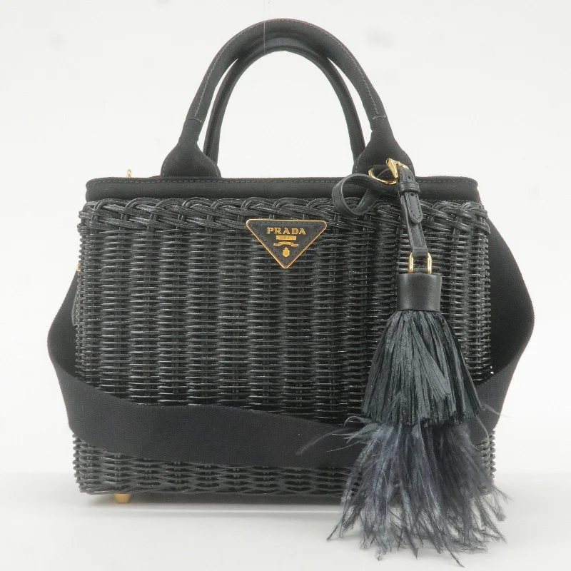 Prada bags with a back - zip pocket for storing valuables securelyPRADA Wicker Canvas 2Way Basket Bag Hand Bag Black 1BG835