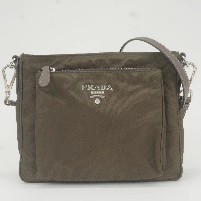 Prada bags with a zippered interior pocket for separating itemsPRADA Logo Nylon Leather Shoulder Bag Purse Khaki BT0693