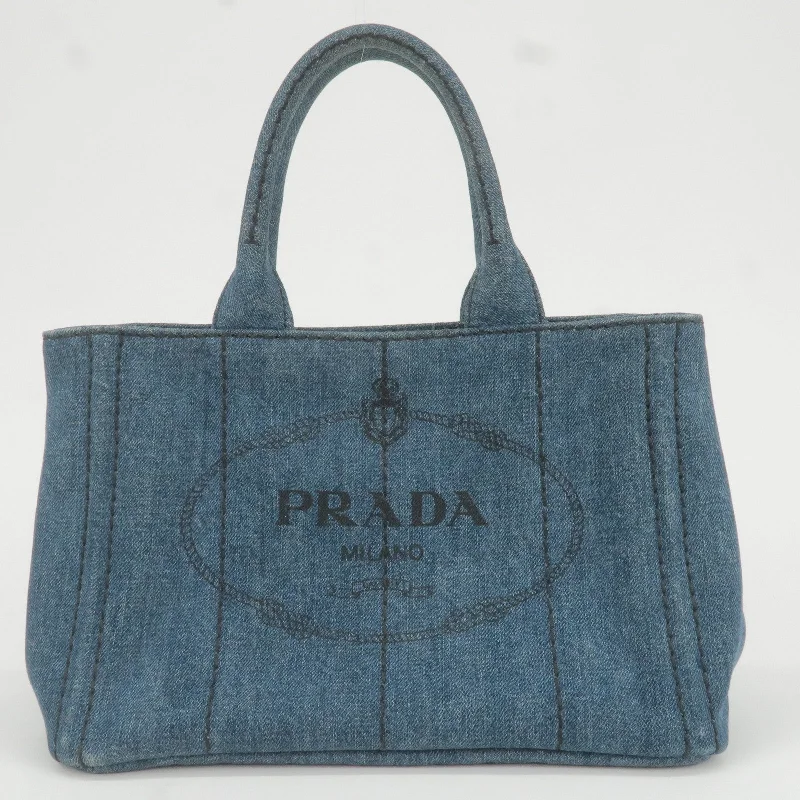 Ladies Prada Re - Edizione 2005 bags with a star - shaped charm for a playful touchPRADA Logo Denim Canapa Mini Hand Bag Tote Bag Blue 1BG439