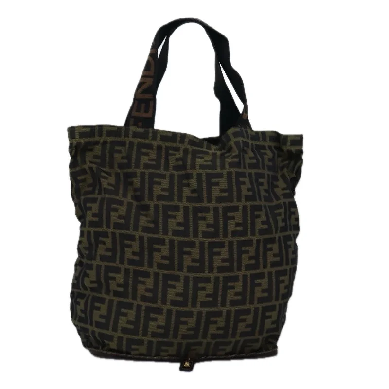 Fendi tote bags with a printed Fendi logo on the front for high brand visibilityFENDI Zucca Canvas Tote Bag Black Brown  ep4488