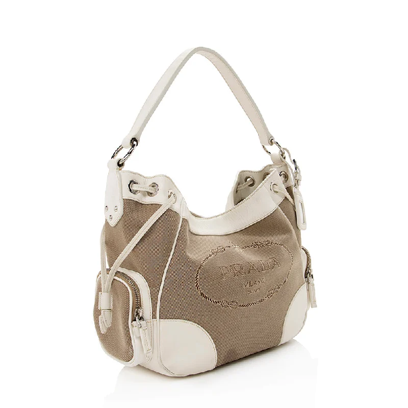 Ladies Prada handbags with a detachable wallet inside for added conveniencePrada Logo Jacquard Hobo 15887