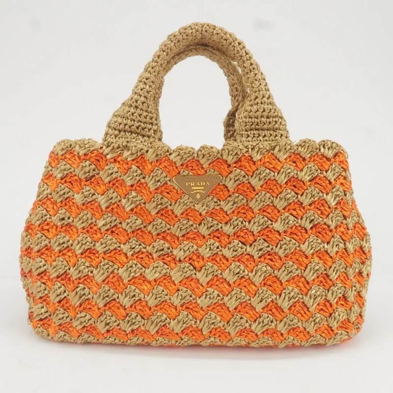 Prada Cahier bags with a monogram - embossed leather surfacePRADA Logo Raffia Crochet Tote Bag Hand Bag Brown Orange BN2303