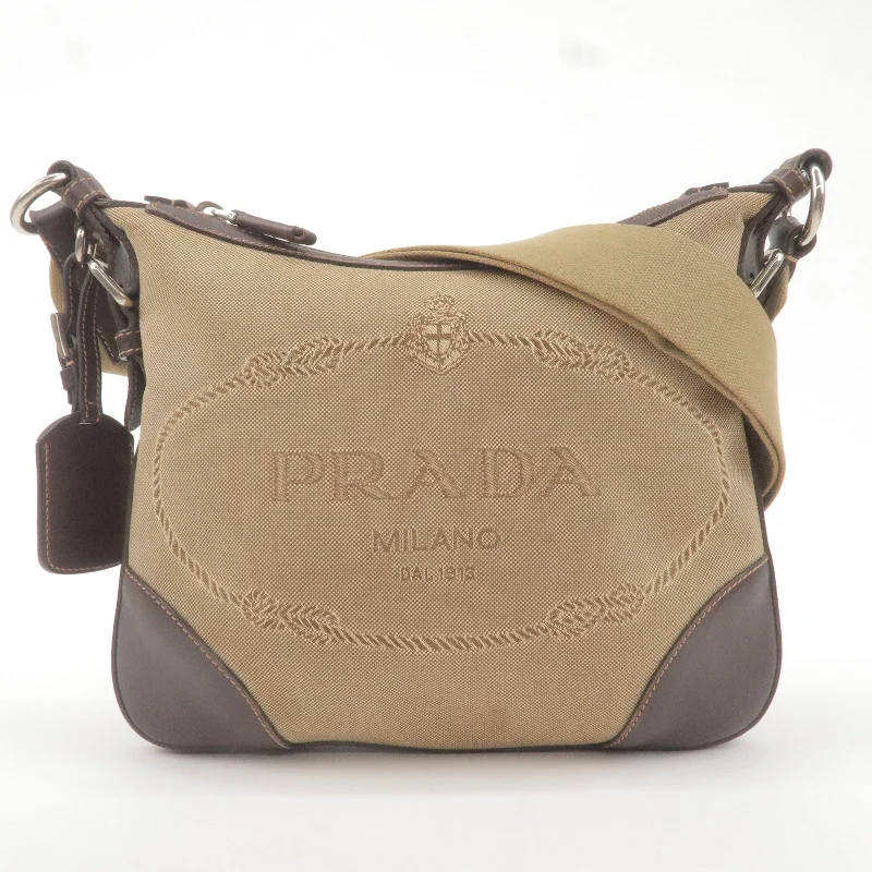 Ladies Prada shoulder bags with a magnetic - closure flap for easy opening and closingPRADA Logo Jacquard Leather Shoulder Bag Beige Brown BT0534