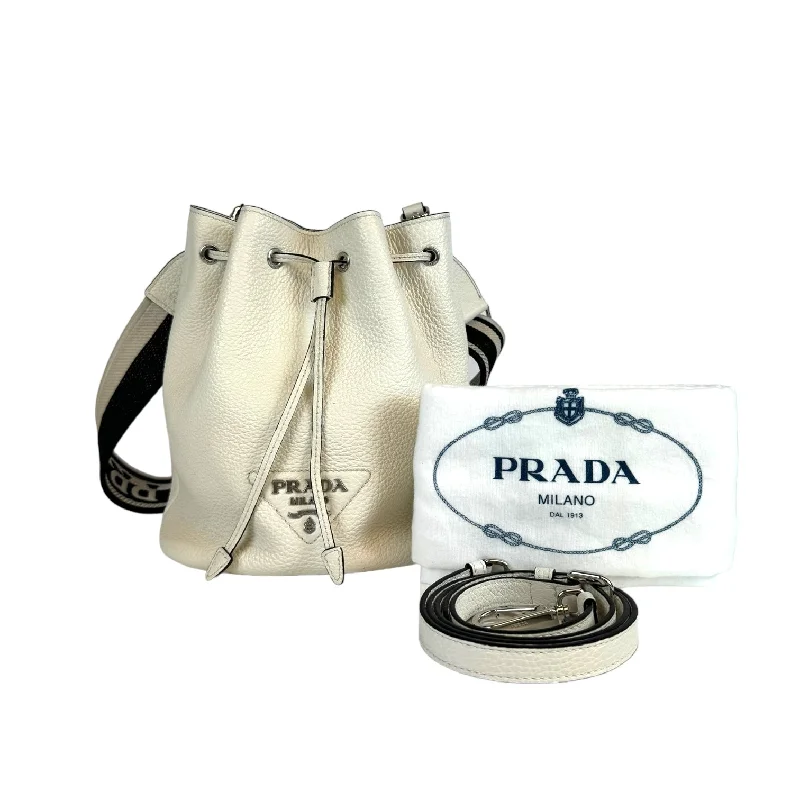 Prada nylon backpacks with a hidden back pocket for securityPrada VItello Daino Bianco Bucket Bag