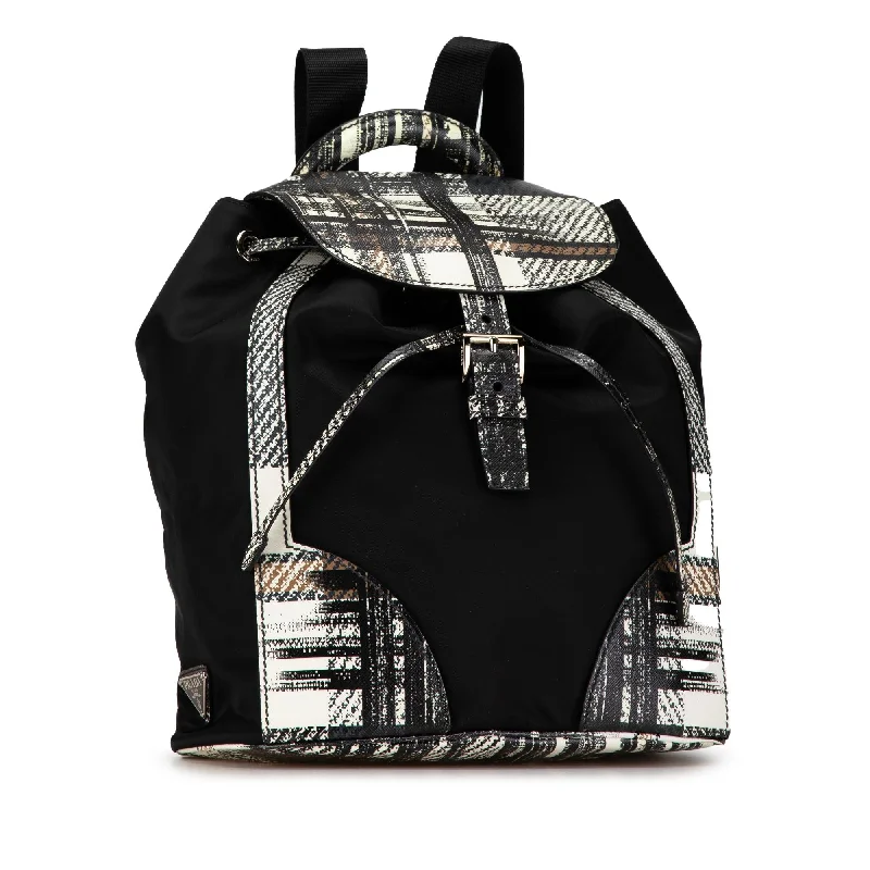 Prada bags with a detachable mirror inside for quick touch - upsPrada Printed Saffiano Trimmed Tessuto Backpack PIB586