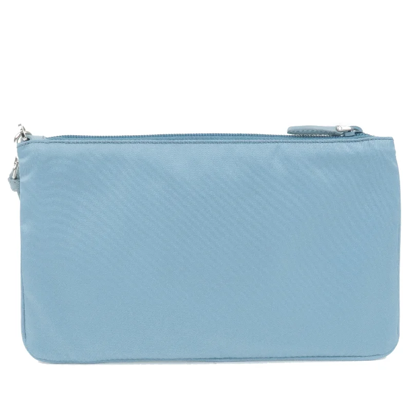 Ladies Prada shoulder bags with a wide - width strap for enhanced comfortPRADA Logo Nylon Leather Clutch Bag Pouch LAGO Light Blue 1NH545