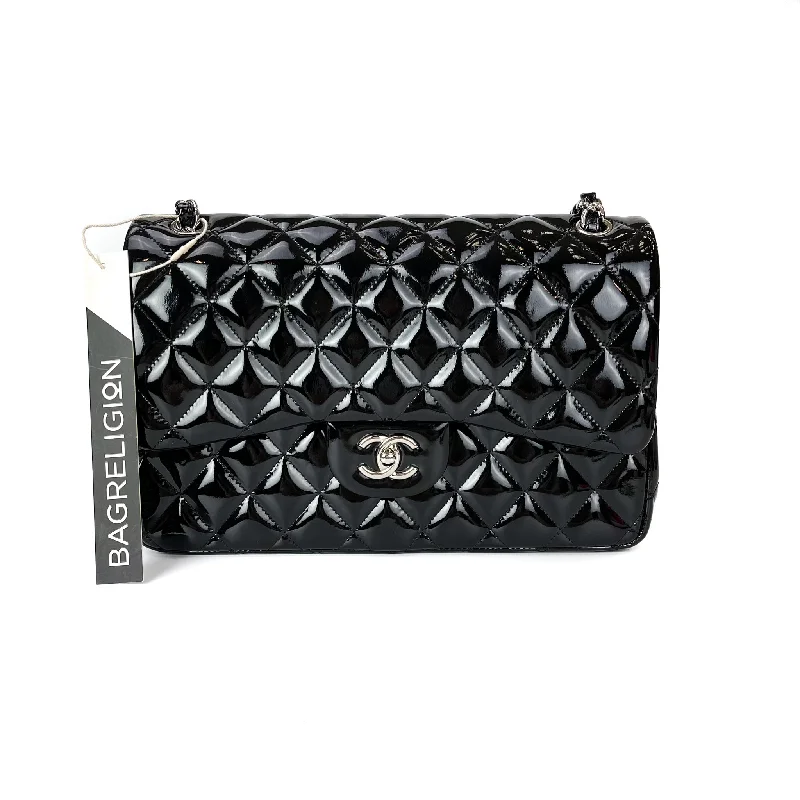 Chanel Classic Flap Bag for Evening PartyDouble Flap Jumbo Quilted Patent Bag in Black with SHW