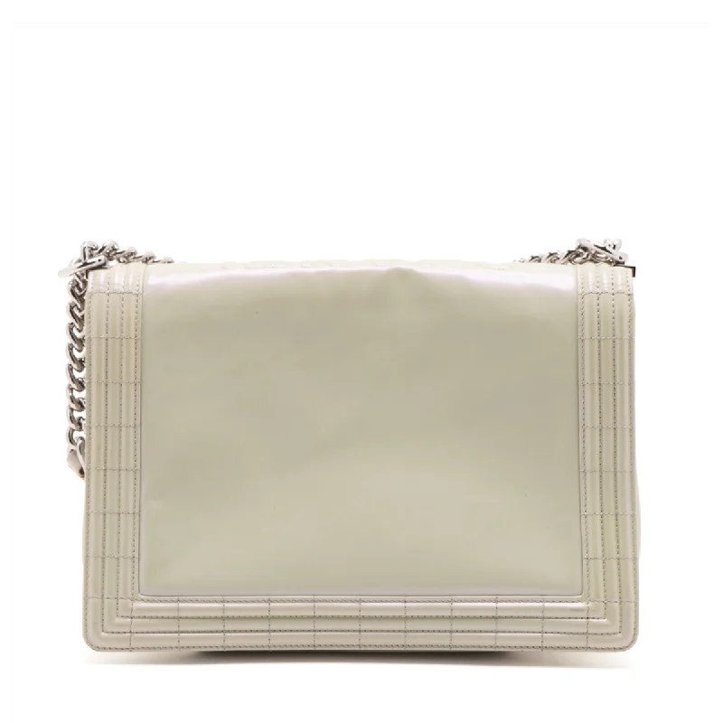 Chanel bags in luxury boutiques worldwideChanel Boy Chanel Patent Leather Chain Shoulder Bag Pearl White Silver