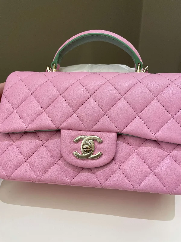 Chanel bags with gold, silver, and pearl accentsChanel 23P Quilted Top Handle Mini Rectangular Candy Pink / Apple Green Lambskin