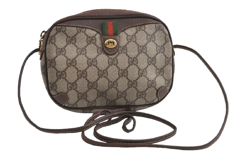 Gucci Marmont bags for women with a contrast - colored interiorAuthentic GUCCI Web Sherry Line Shoulder Bag GG PVC Leather Brown Junk 9271I